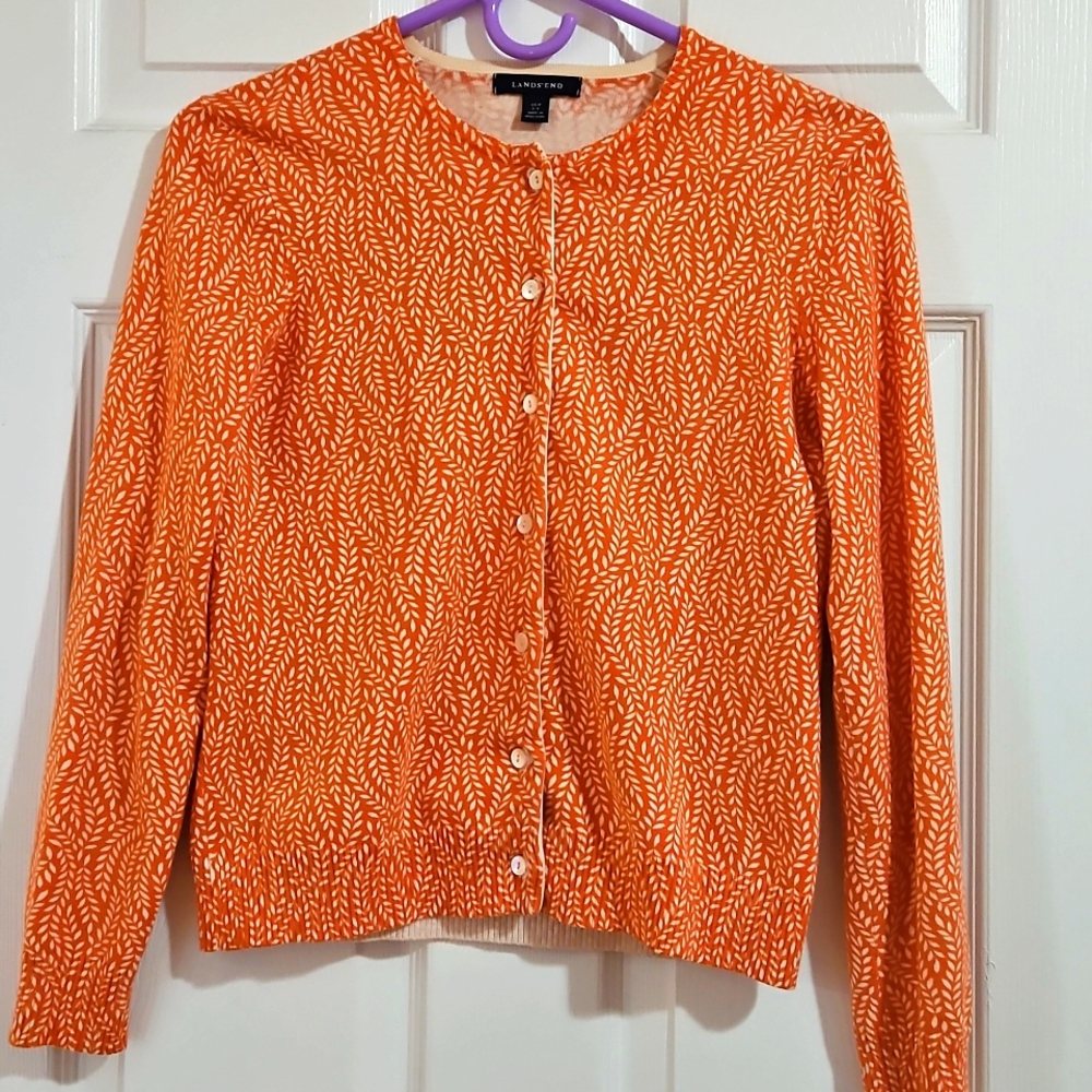 Lands' End Women's Orange Patterned Cardigan